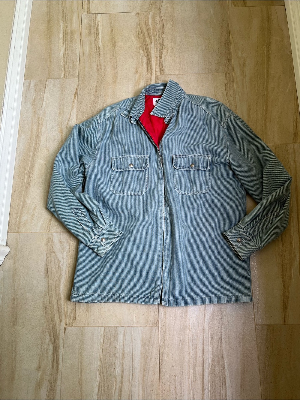 Vintage Old Navy Light Blue Denim Jacket with Red Lining